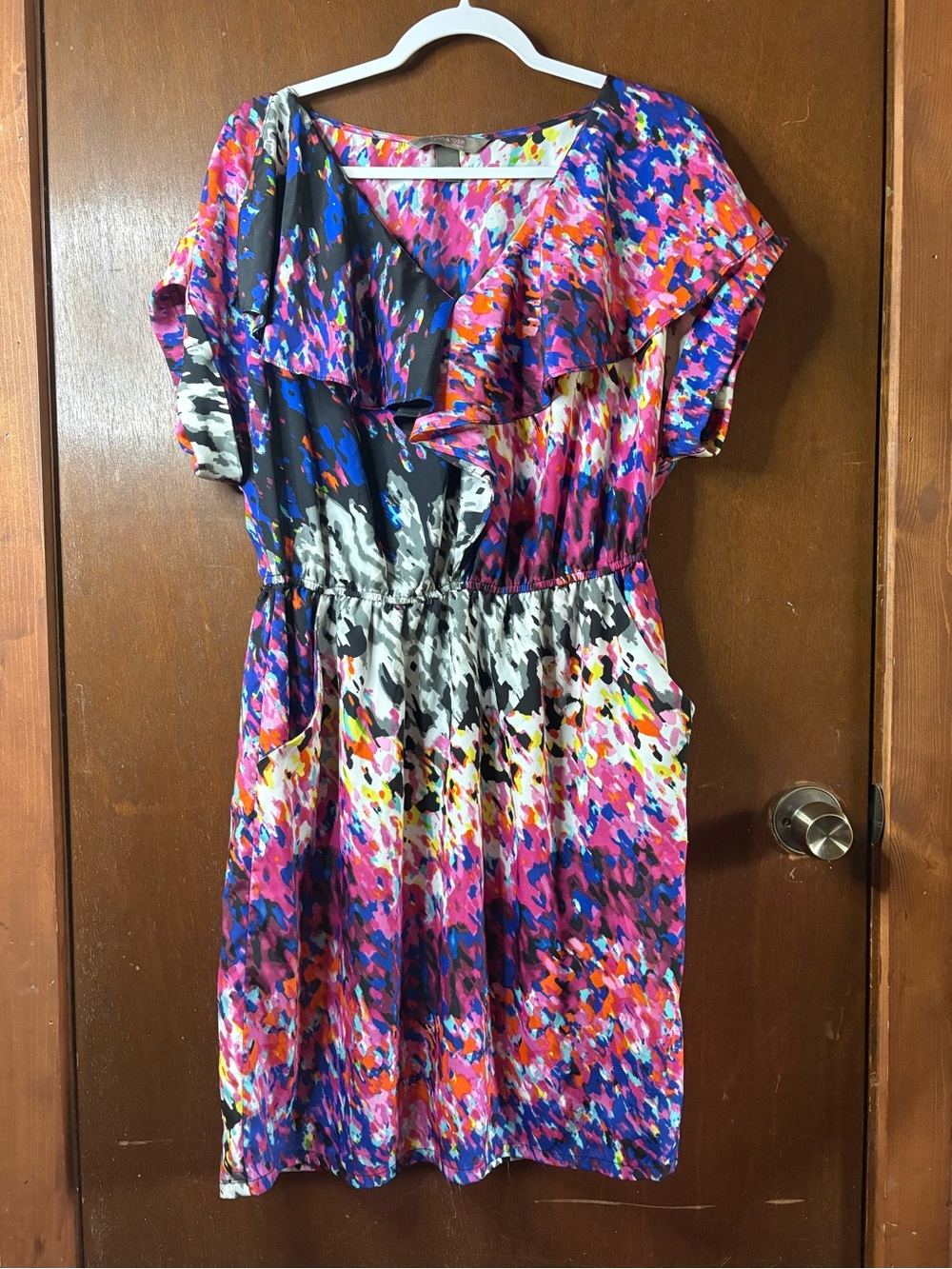Colorful Abstract Print Ruffle Dress - Pink Multi